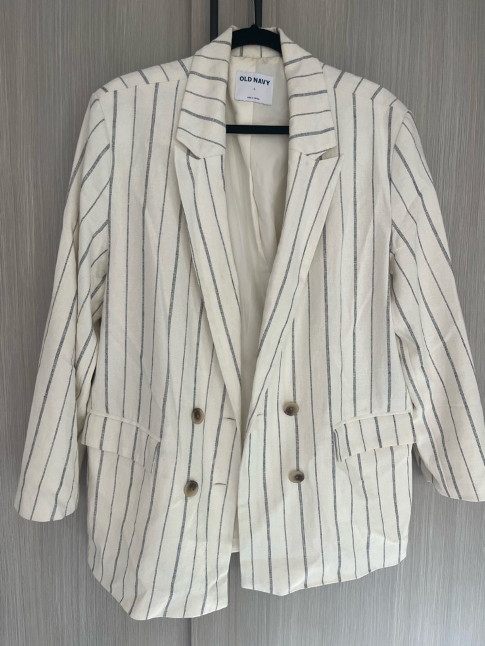 Old Navy Women's Striped-Cream Pinstripe Double-Breasted Linen Blazer (Sz L)